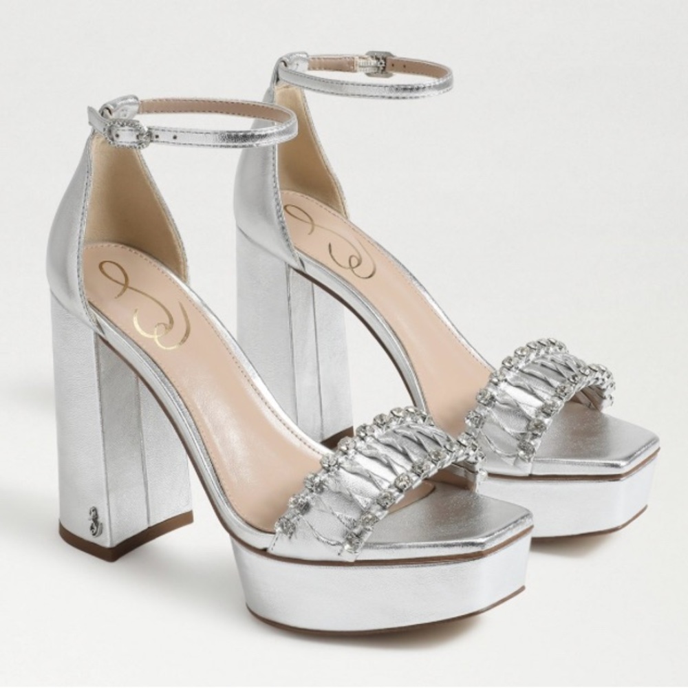 Sam Edelman Women's NINETTE Platform Silver Metallic LEATHER Heel Shoe MSRP $180